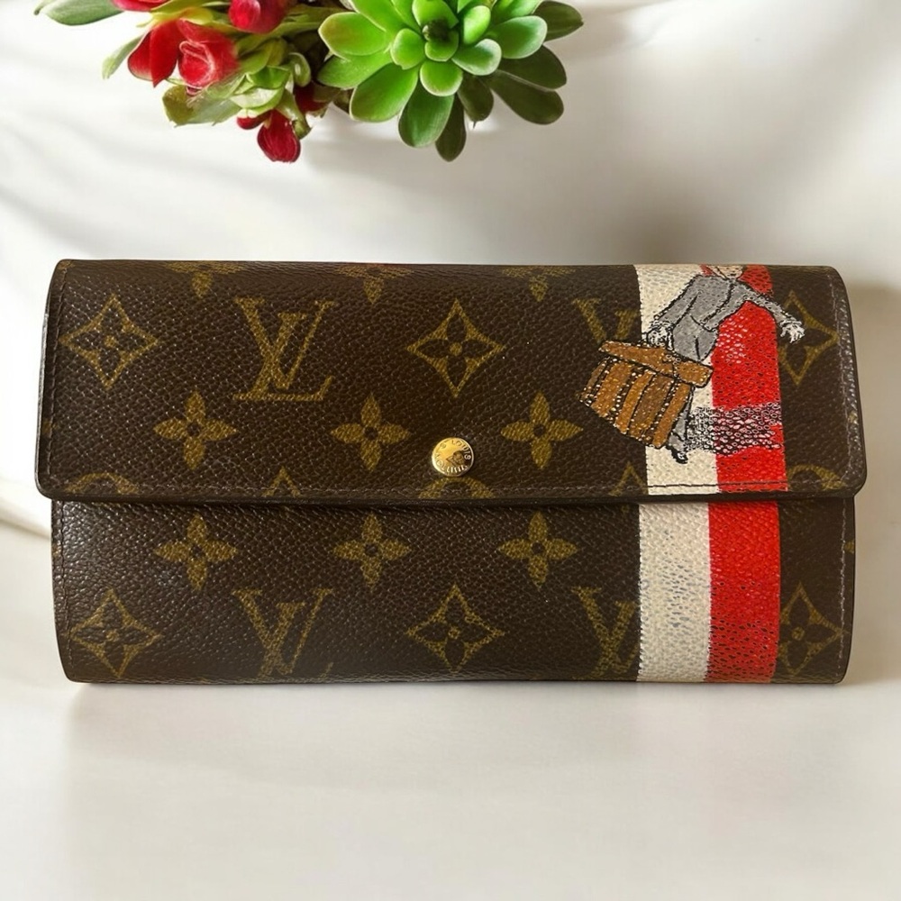 Louis Vuitton Brown Monogram Wallet with Red and White Stripe